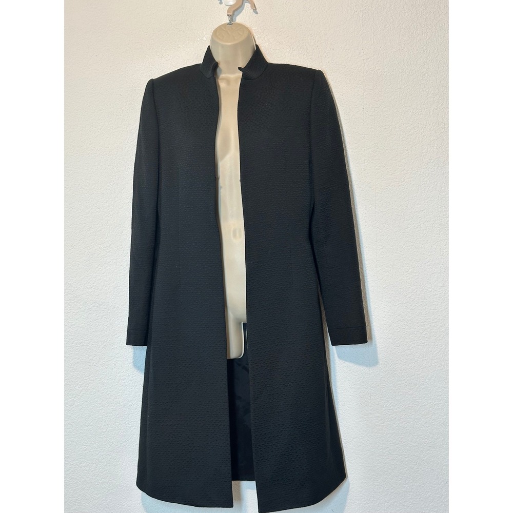 Tahari Womens Black Wool Blend Mandarin Collar Longline Open Front Coat Size 6